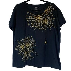 Gold glitter spiderweb on Black tee Halloween women's plus 2XL Gilden Softside